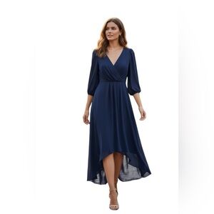 Ever Pretty Navy Chiffon High Low Dress • Puff Sleeves • Size ? NWT
